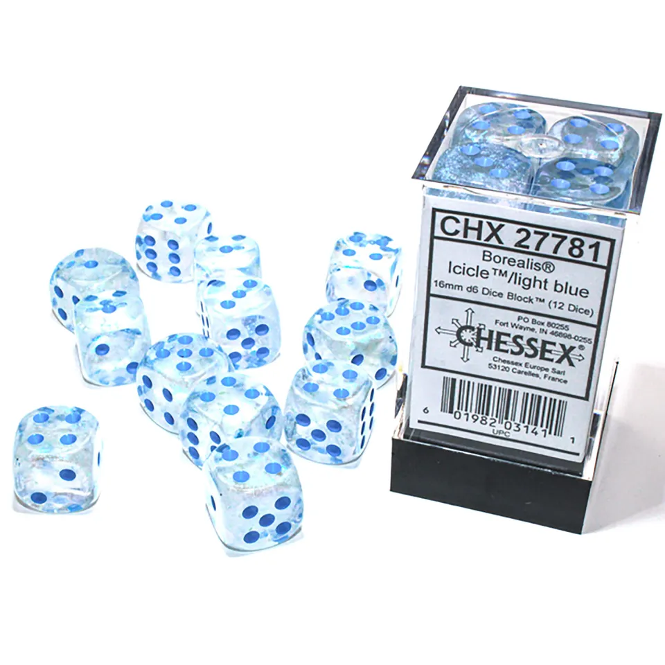 Chessex Borealis D6 kostky 12x16 mm Icicle Blue svítící