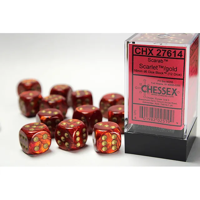 Chessex Scarab Scarlet sada kostek D6 12 ks 16 mm