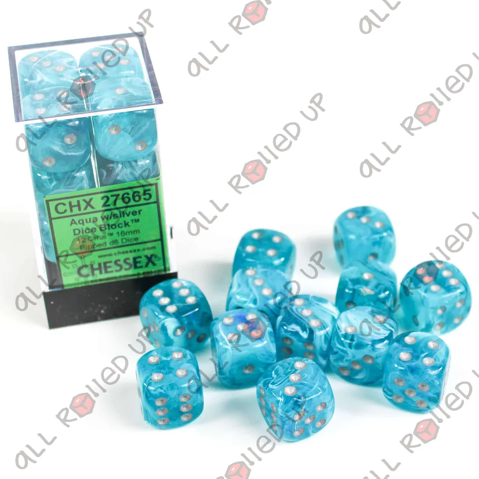 Chessex Cirrus D6 sada kostek aqua/stříbrná 12 ks