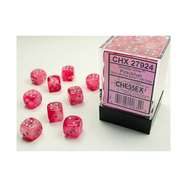 Chessex Ghostly Glow Pink D6 kostky 36 ks 12mm