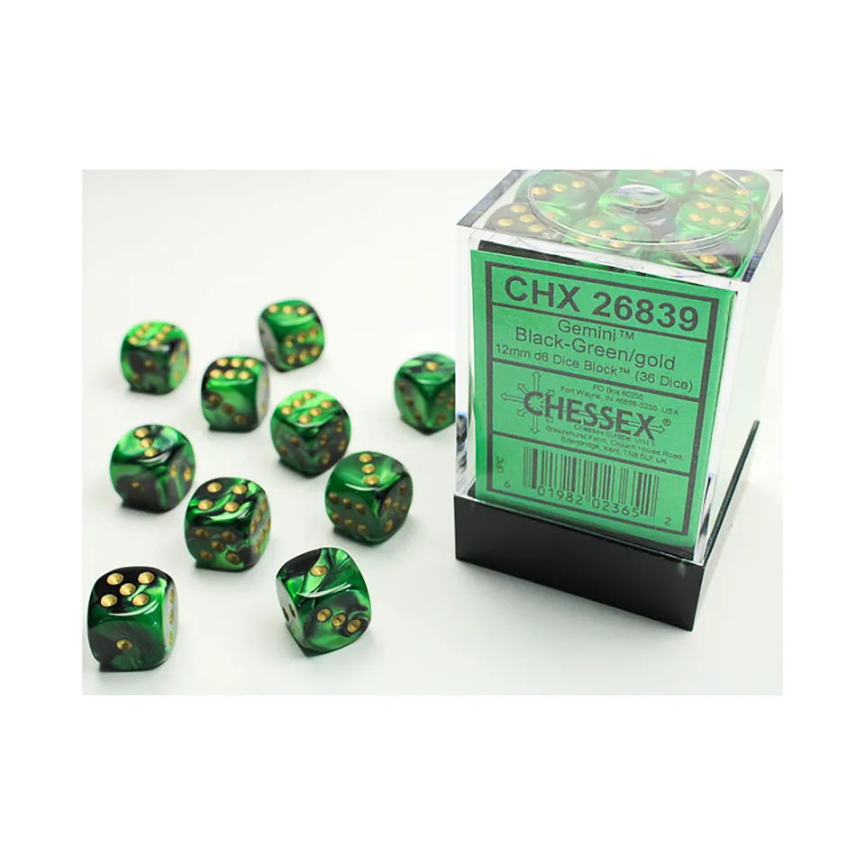 Chessex Gemini Black-Green sada d6 kostek 36 ks