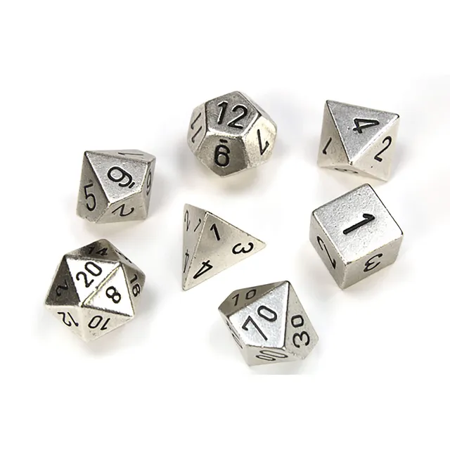 Chessex Solid Metal Polyhedral 7 sada kostek Antique Silver 7 ks kovová