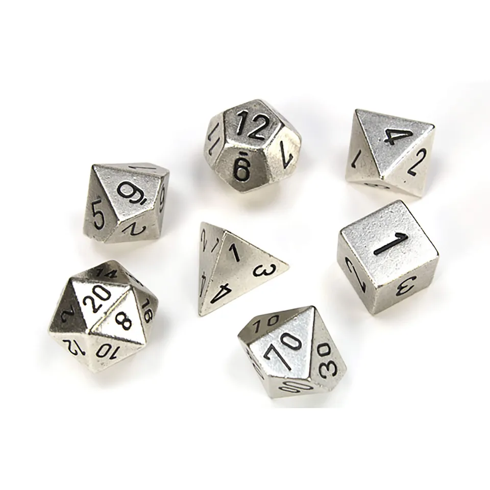 Chessex Solid Metal Polyhedral 7 sada kostek Antique Silver 7 ks kovová