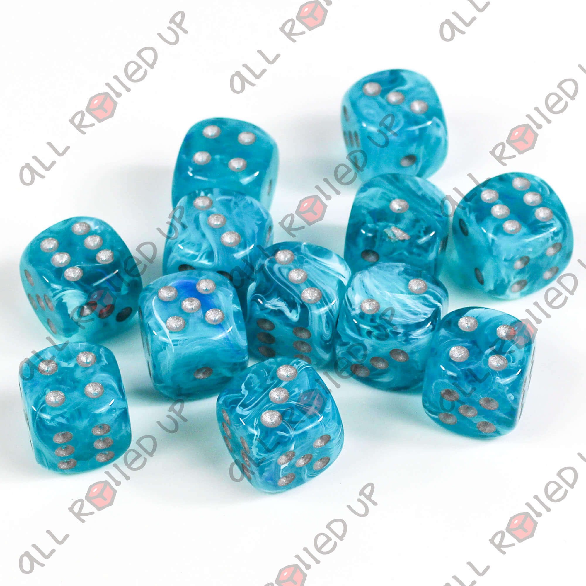 Chessex Cirrus D6 sada kostek aqua/stříbrná 12 ks
