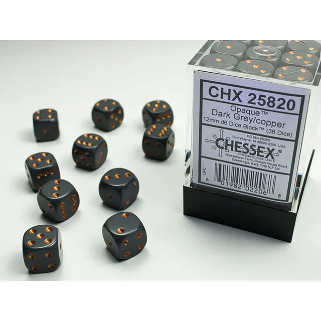 Chessex Opaque 12mm Dark Grey Copper kostky 36ks