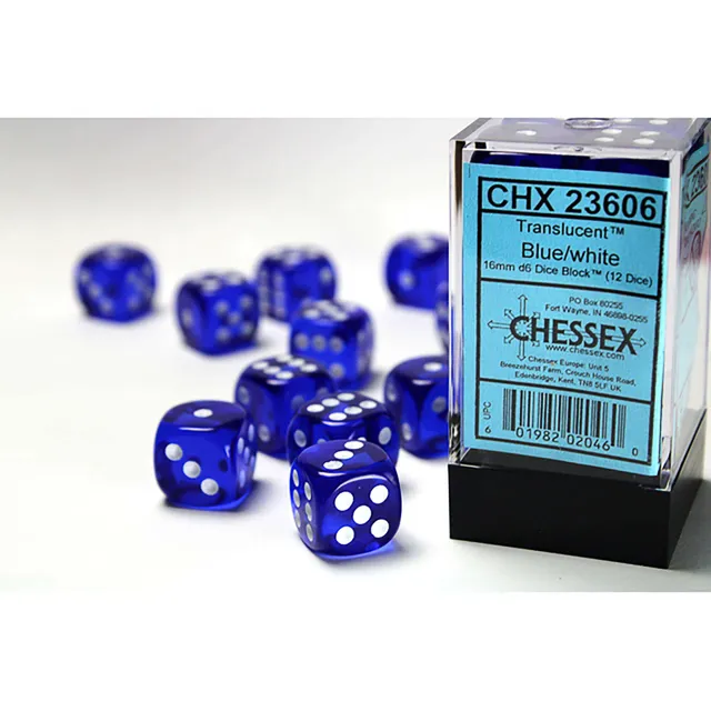 Chessex Translucent Blue White kostky D6 12 ks průhledné