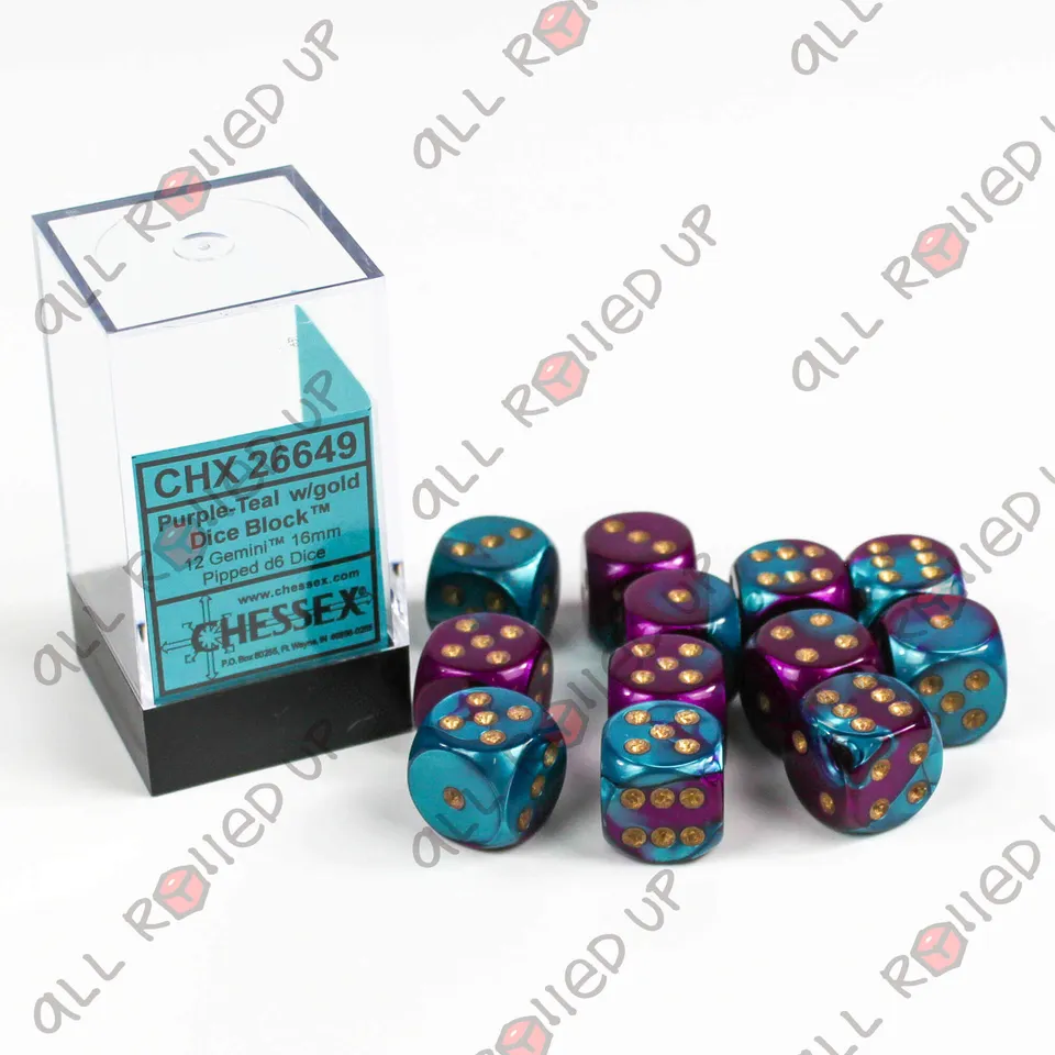 Chessex Gemini Purple-Teal Gold kostky D6 16mm 12ks