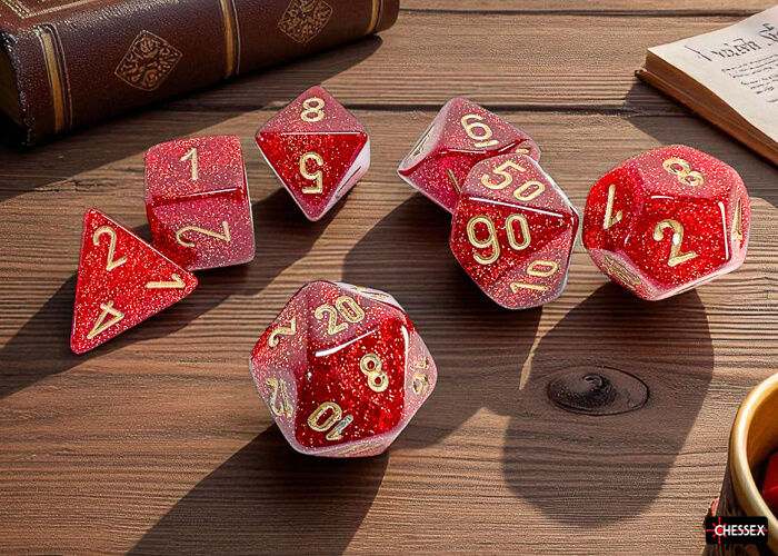 Chessex Glitter Ruby Gold sada kostek Megahedral 7ks