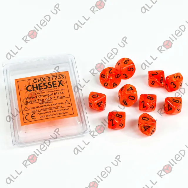 Chessex Vortex Orange D10 kostky sada 10 ks černá