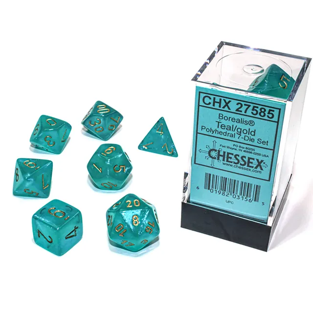 Chessex Borealis Teal Gold 7x polyedrické kostky svítící