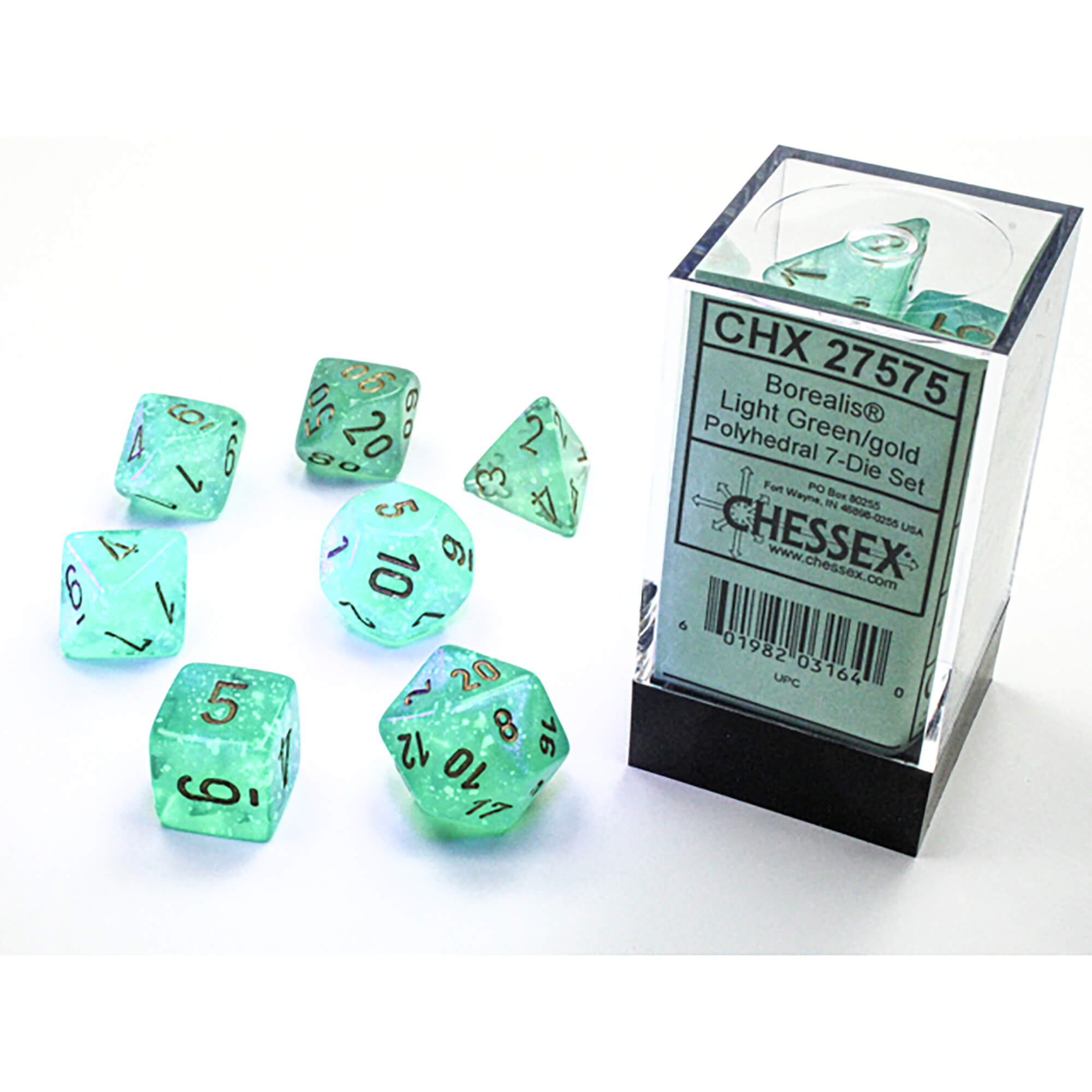 Chessex Borealis Light Green Gold sada 7 kostek svítící