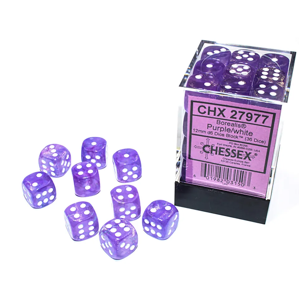 Chessex Borealis Purple White sada kostek D6 36 ks