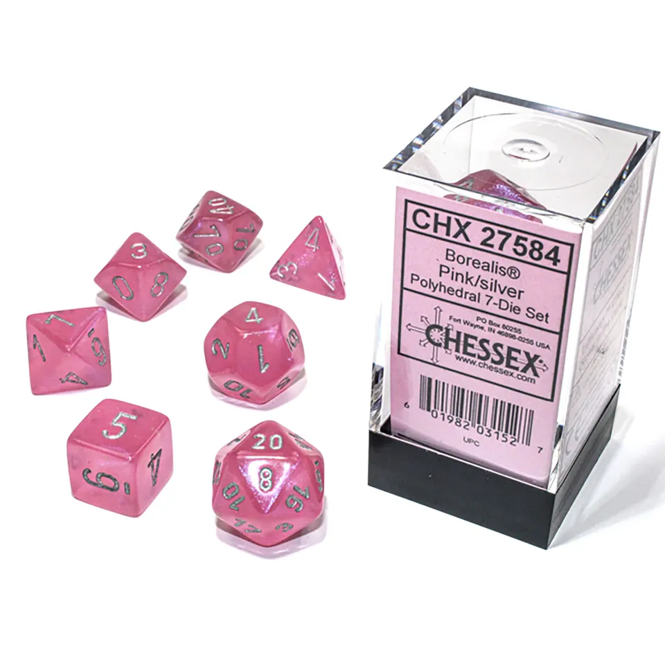 Chessex Borealis Pink Silver sada kostek 7ks svítící
