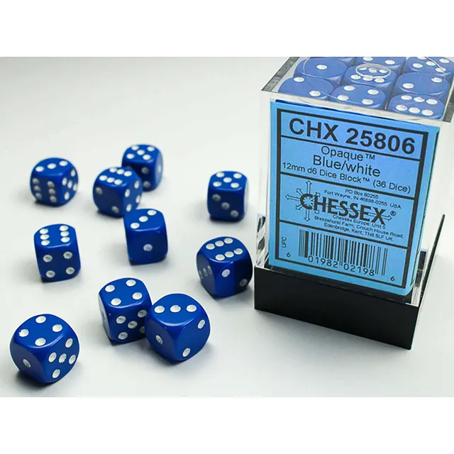 Chessex Opaque D6 Blue White sada kostek 36 ks 12 mm