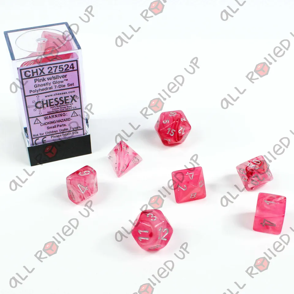 Chessex Ghostly Glow Pink Silver RPG kostky sada 7 ks