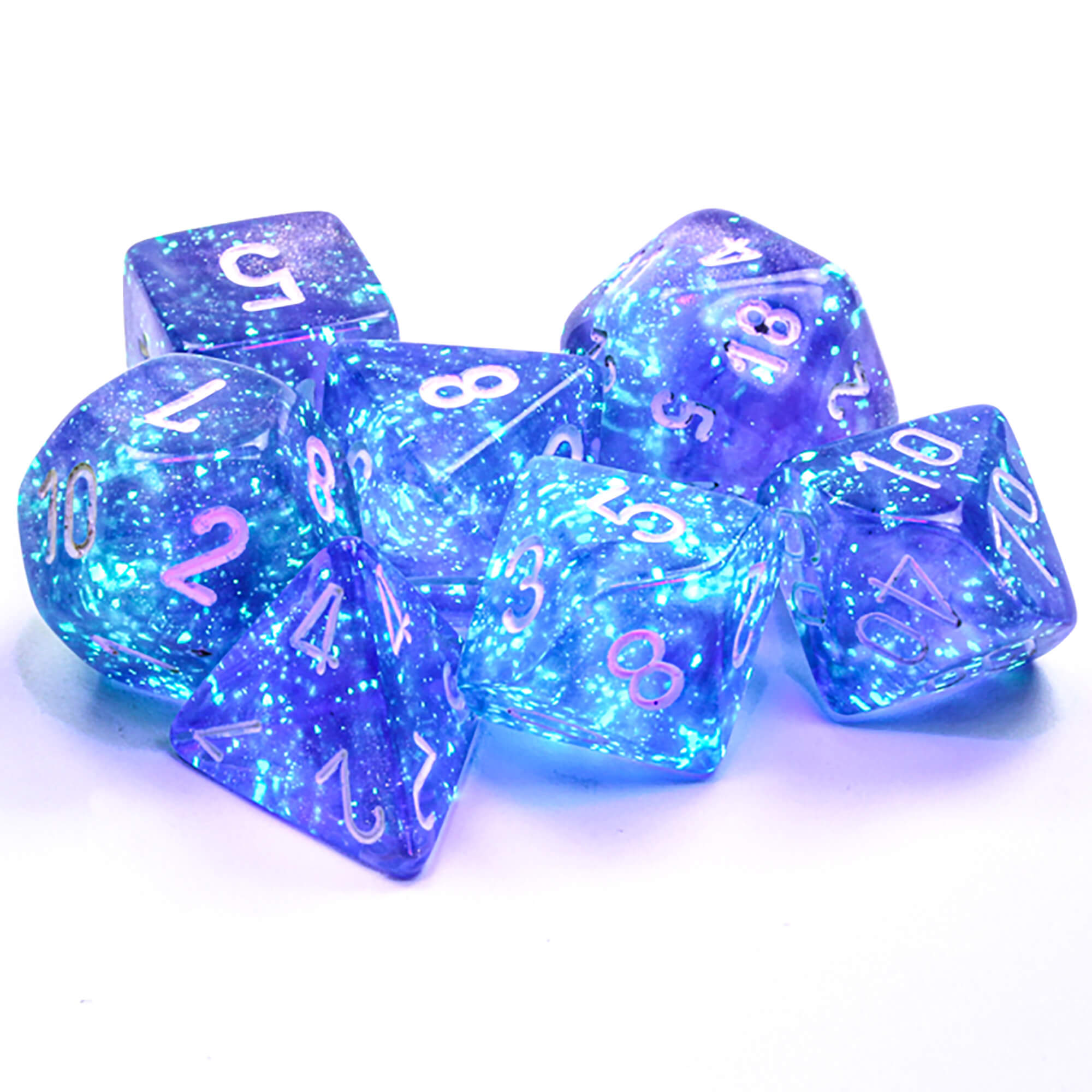 Chessex Borealis Purple White sada kostek 7ks svítící