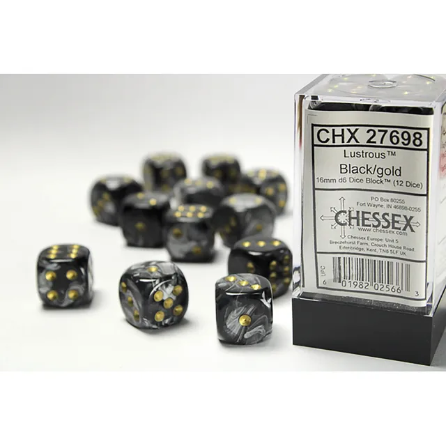 Chessex Lustrous Black Gold D6 kostky 12ks 16mm lesklé