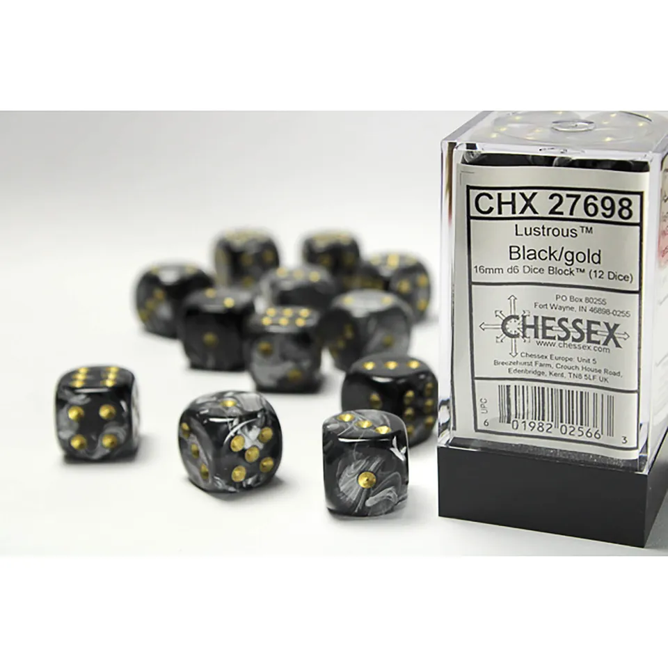 Chessex Lustrous Black Gold D6 kostky 12ks 16mm lesklé