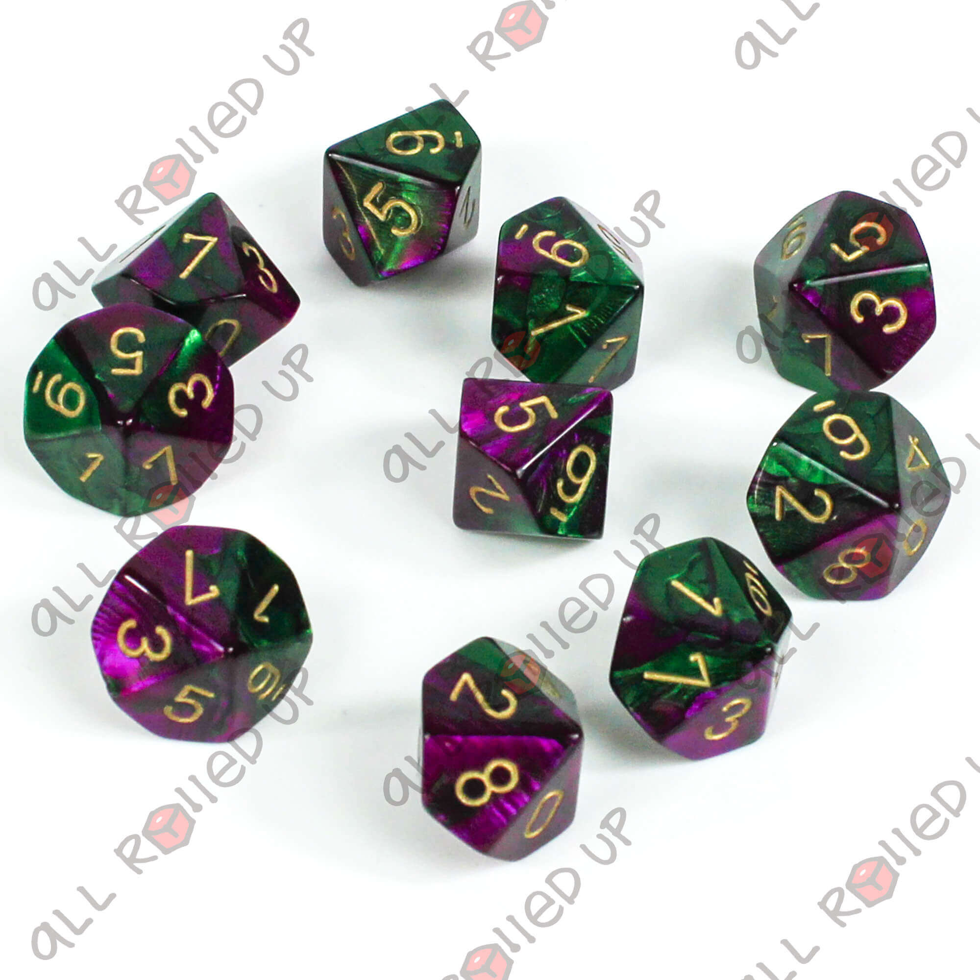 Chessex Gemini Green-Purple Gold kostky D10 sada 10 ks