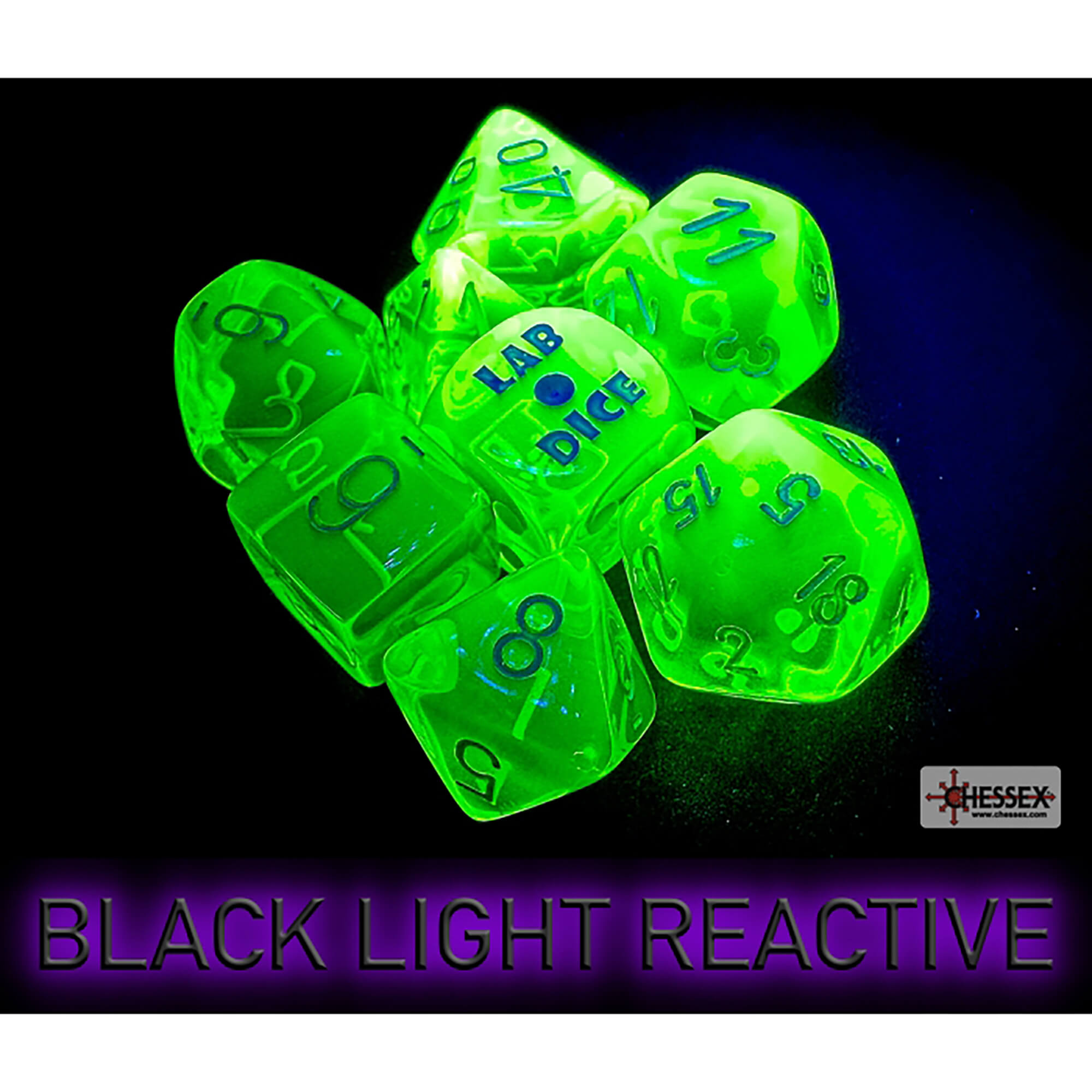 Chessex Lab Dice Wave 7 sada kostek translucent rad green