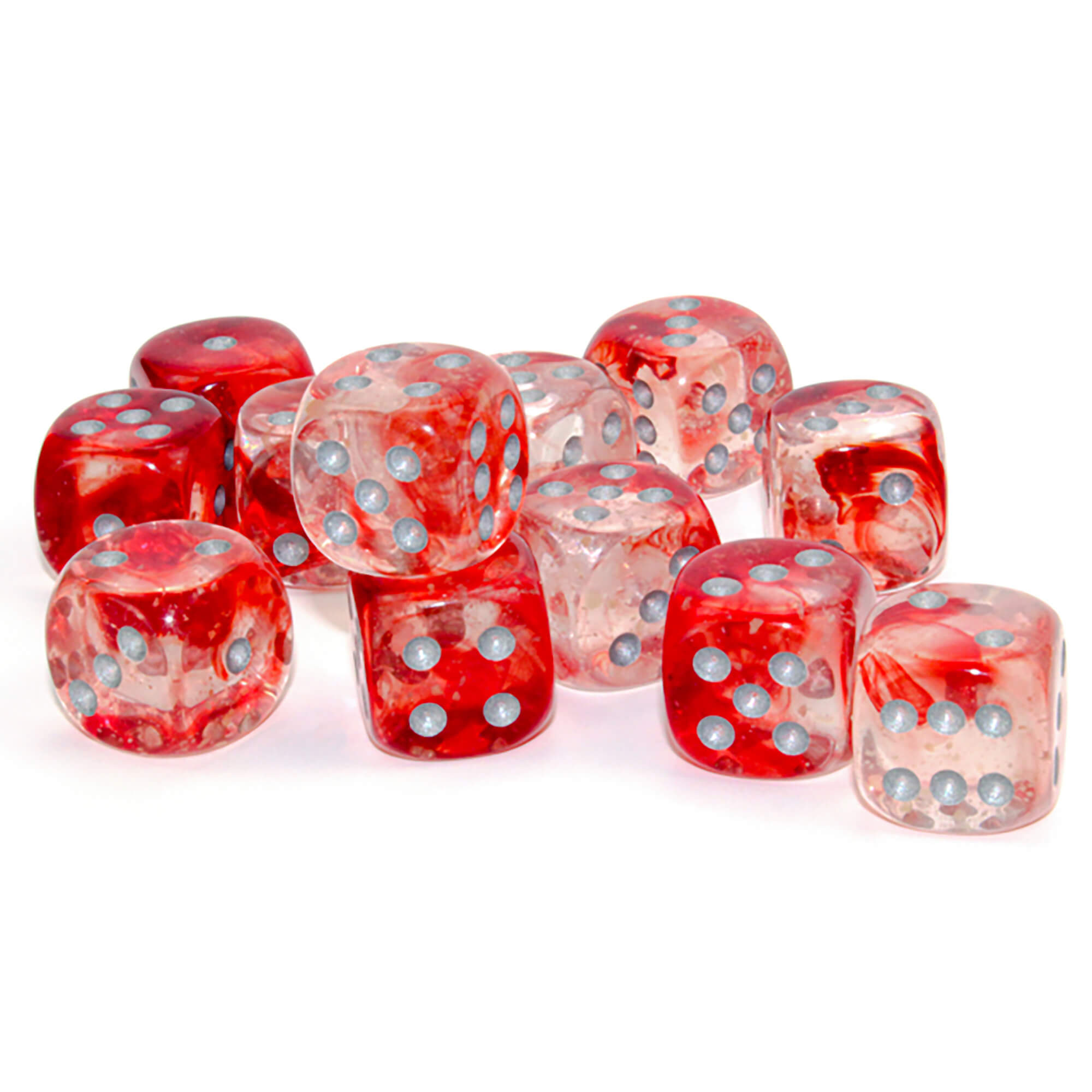 Chessex Nebula Red Silver sada D6 kostek 12 ks svítící