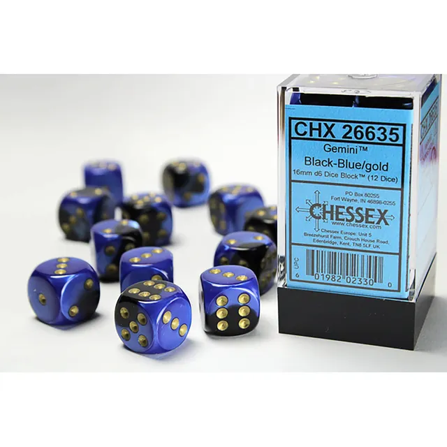 Chessex Gemini CHX26635 kostky D6 černo-modré 12 ks