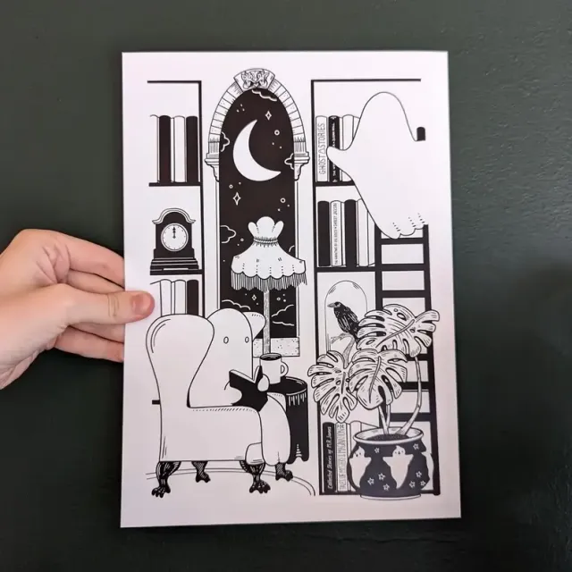 All Rolled Up Ghost Story Haunted Midnight Library art print A4 černobílý