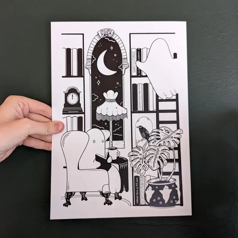 All Rolled Up Ghost Story Haunted Midnight Library art print A4 černobílý