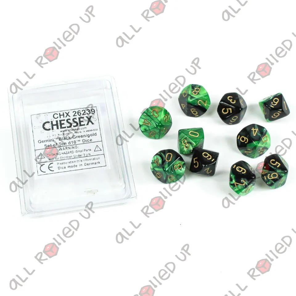 Chessex Gemini Black-Green Gold sada kostek D10 10 ks