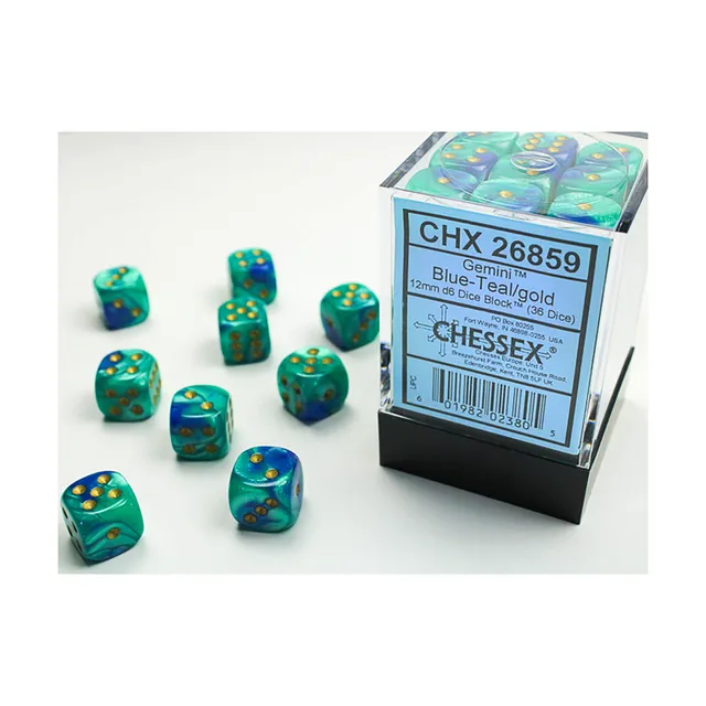 Chessex Gemini Blue-Teal 36 D6 kostky 12mm zlaté tečky