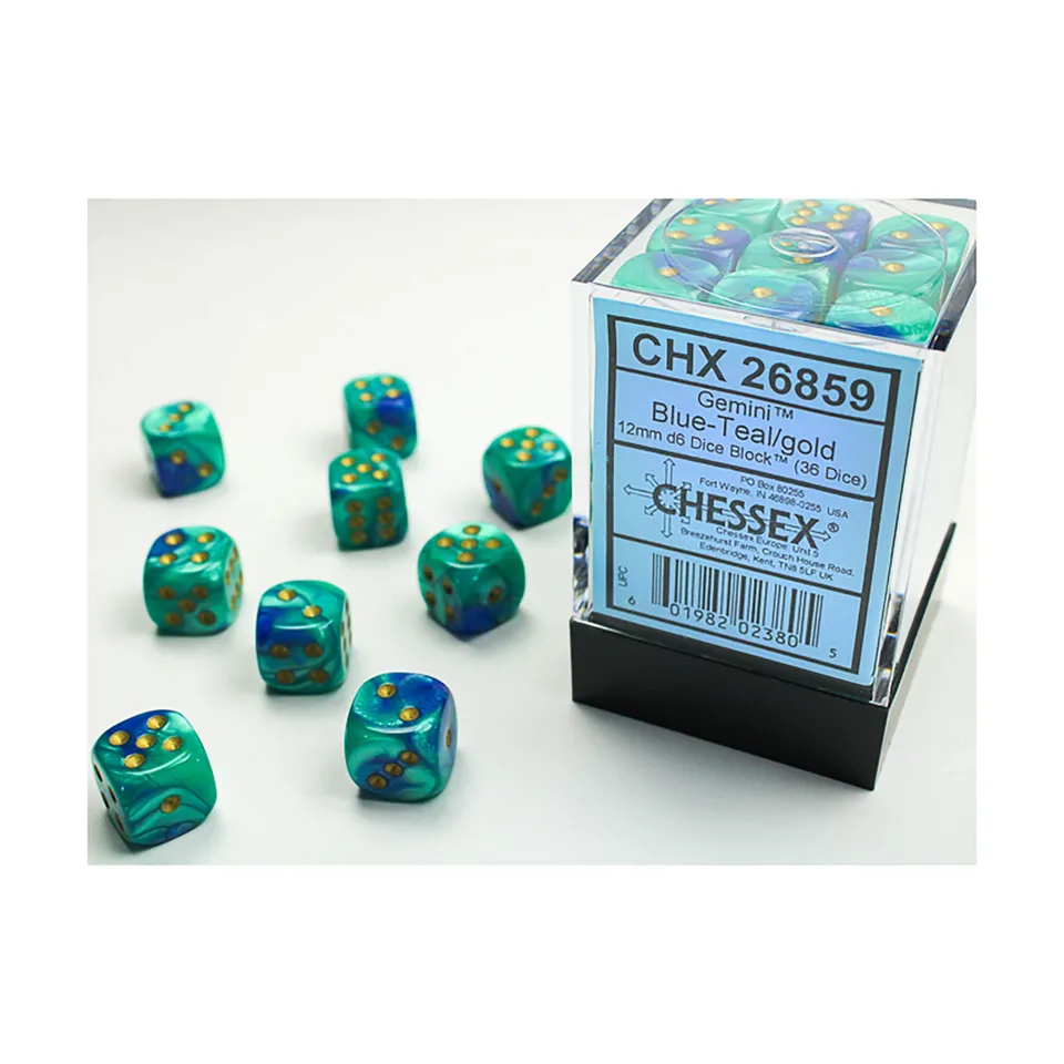 Chessex Gemini Blue-Teal 36 D6 kostky 12mm zlaté tečky