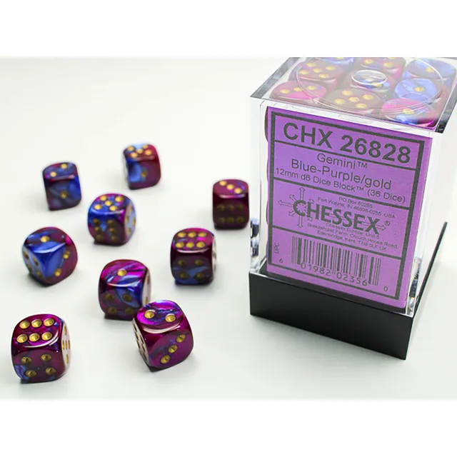 Chessex Gemini D6 36x12mm sada kostek Blue-Purple Gold 36 ks