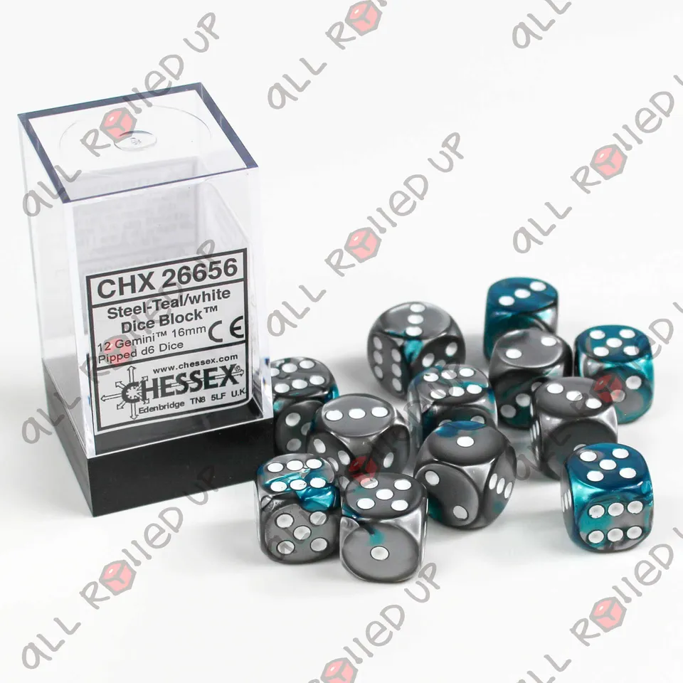 Chessex Gemini D6 CHX26656 sada kostek 12ks Steel Teal 16mm