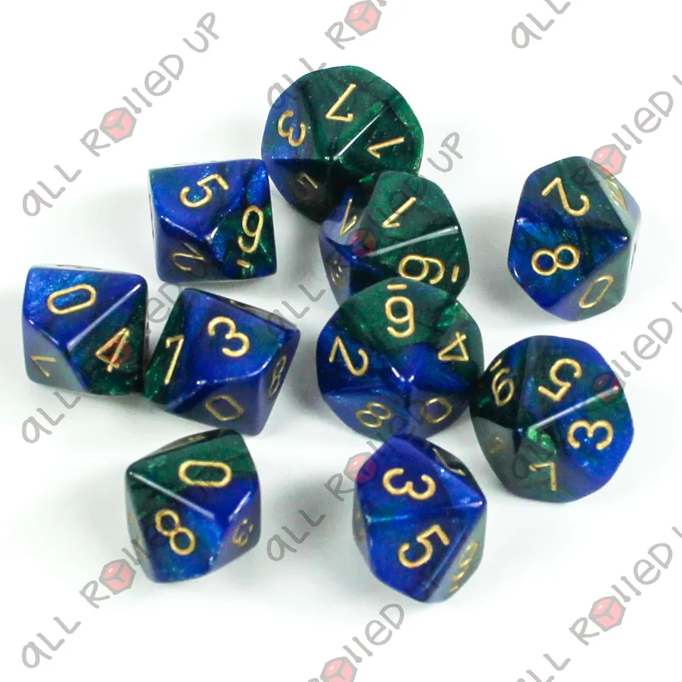 Chessex Gemini D10 sada kostek 10 ks modro-zelená gold