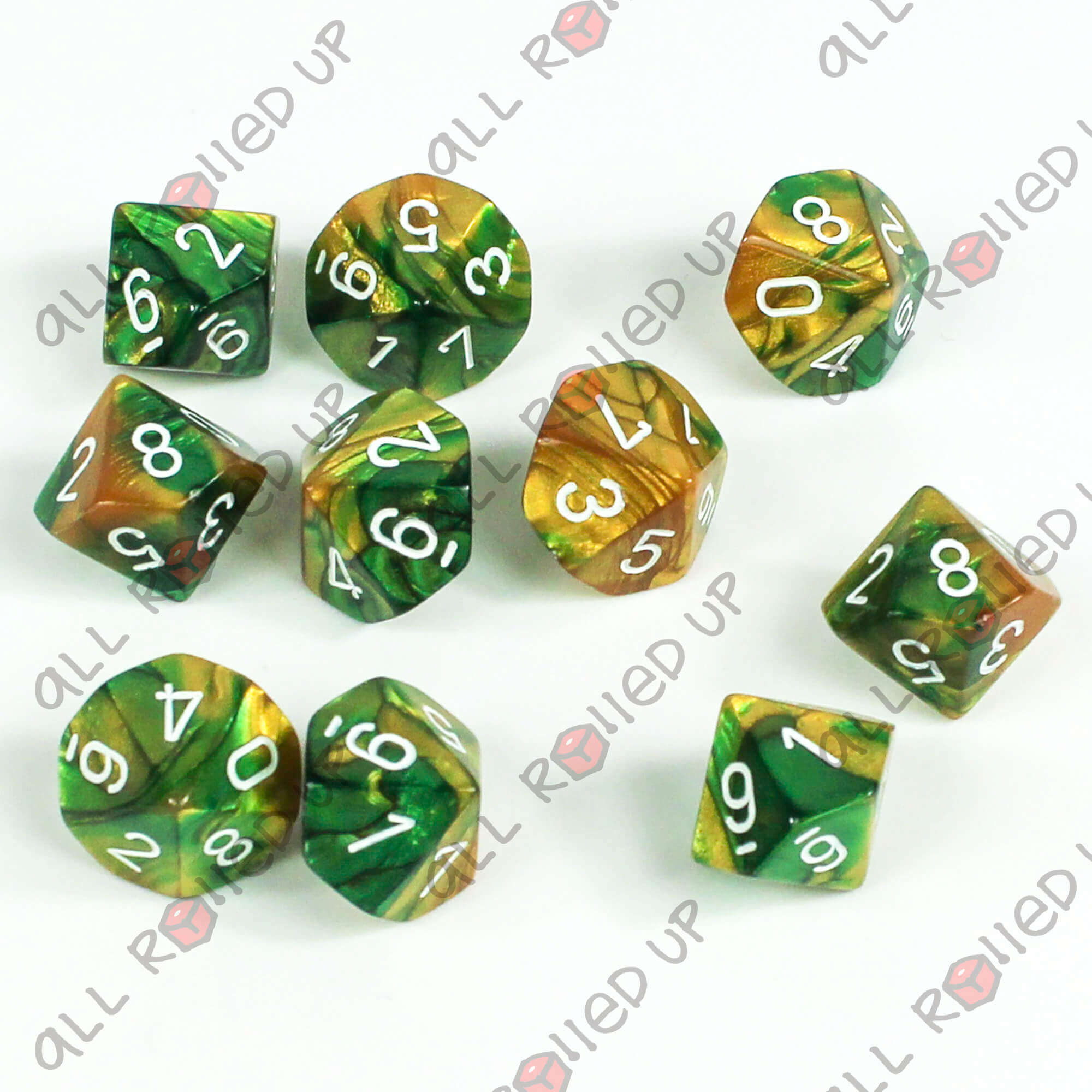Chessex Gemini Gold-Green sada kostek 10x D10 bílá