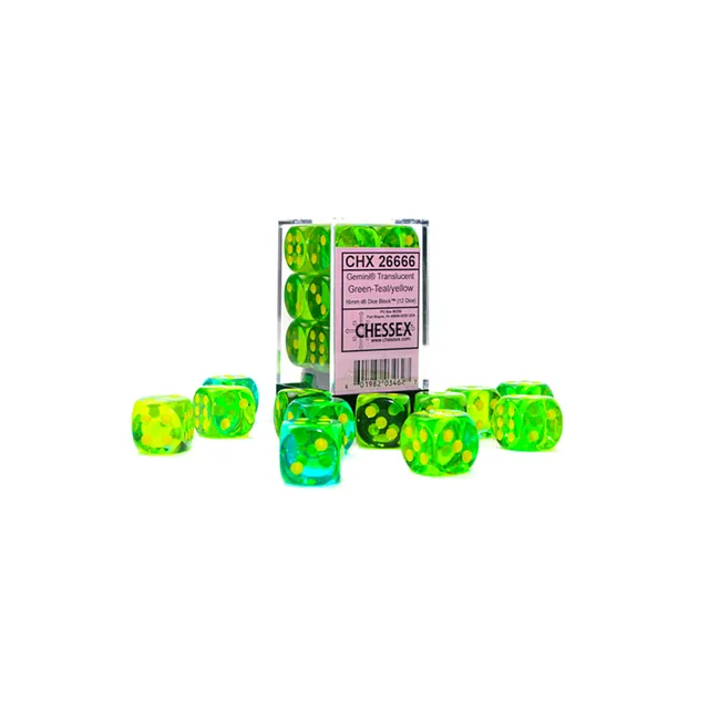 Chessex Gemini D6 sada kostek Green-Teal 12 ks 16mm