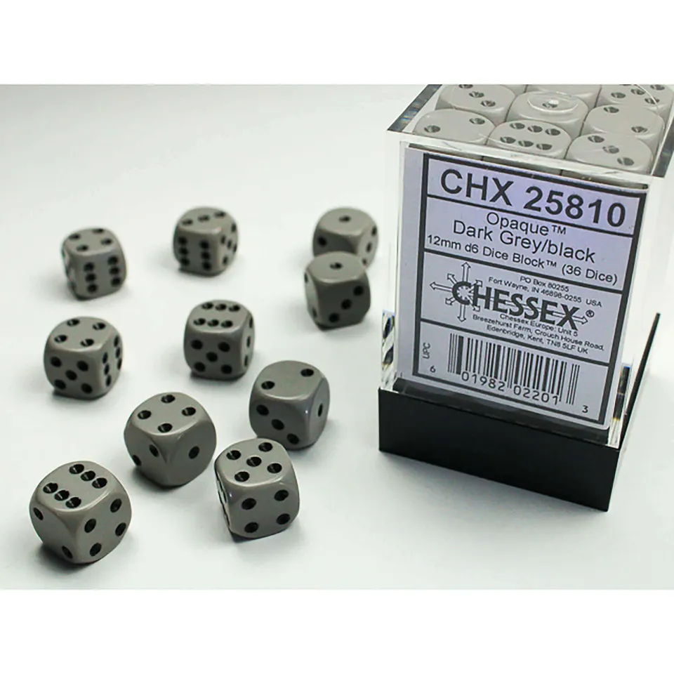 Chessex Opaque D6 kostky 12mm 36 ks šedá černá