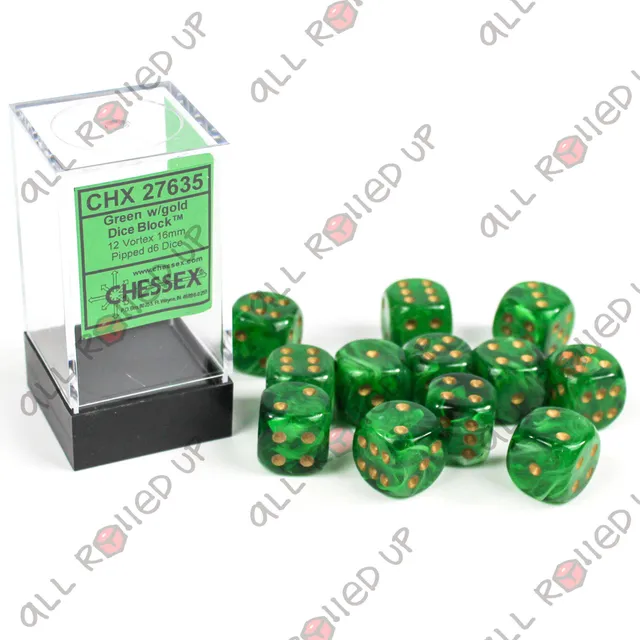Chessex Vortex Green Gold kostky D6 12 ks 16 mm