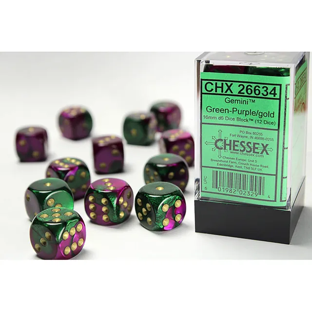 Chessex Gemini Green-Purple sada kostek D6 12×16mm zlatá