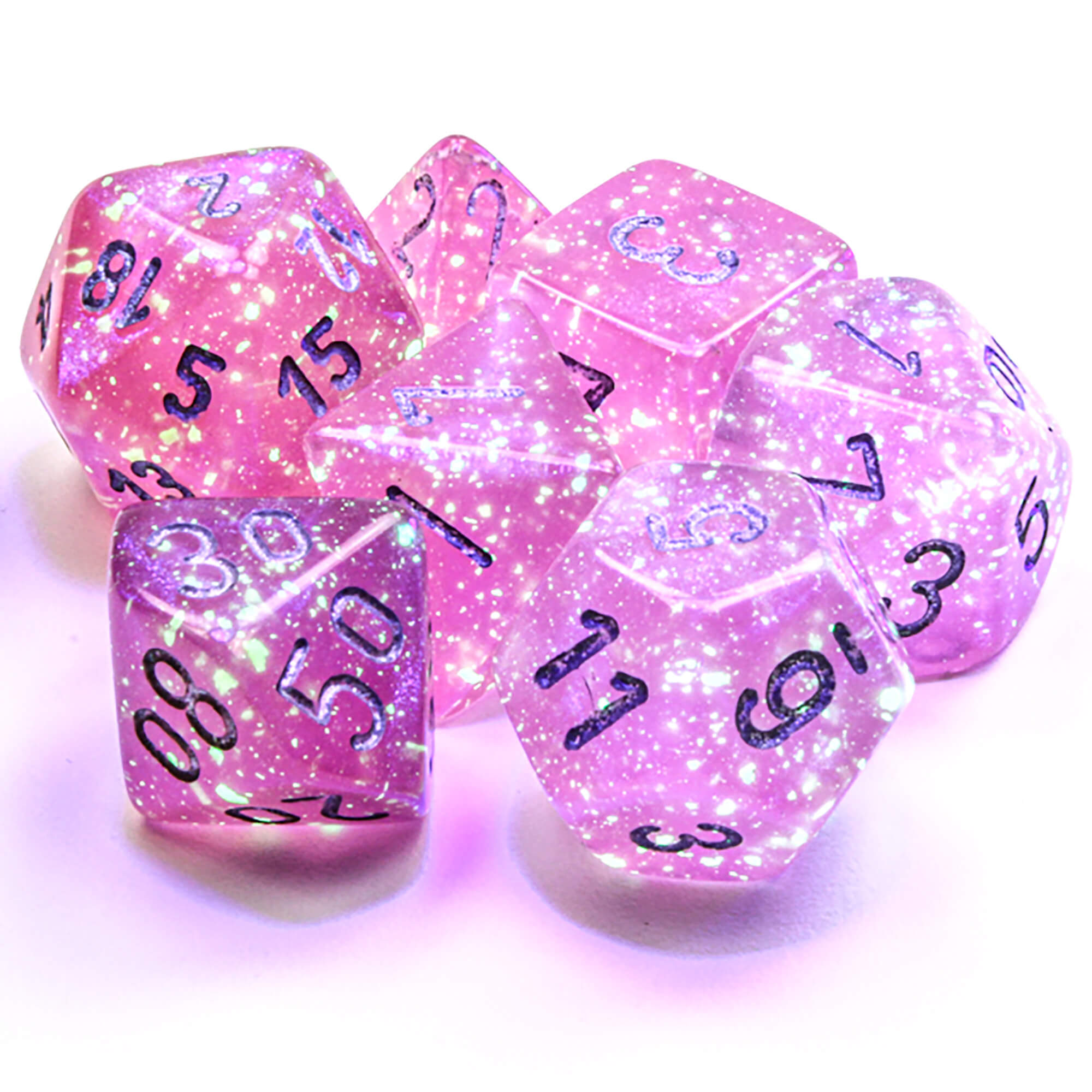 Chessex Borealis Pink Silver sada kostek 7ks svítící