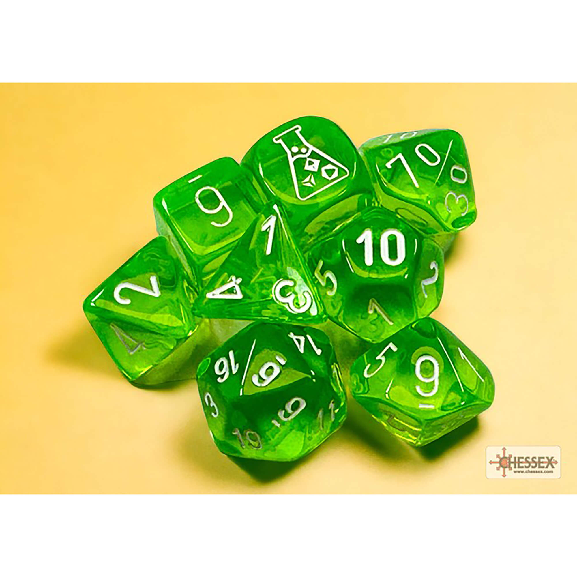 Chessex Lab Dice Wave 7 sada kostek translucent rad green