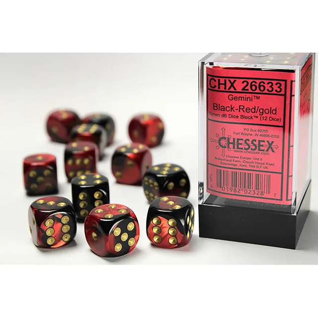 Chessex Gemini D6 16mm sada kostek Black-Red Gold