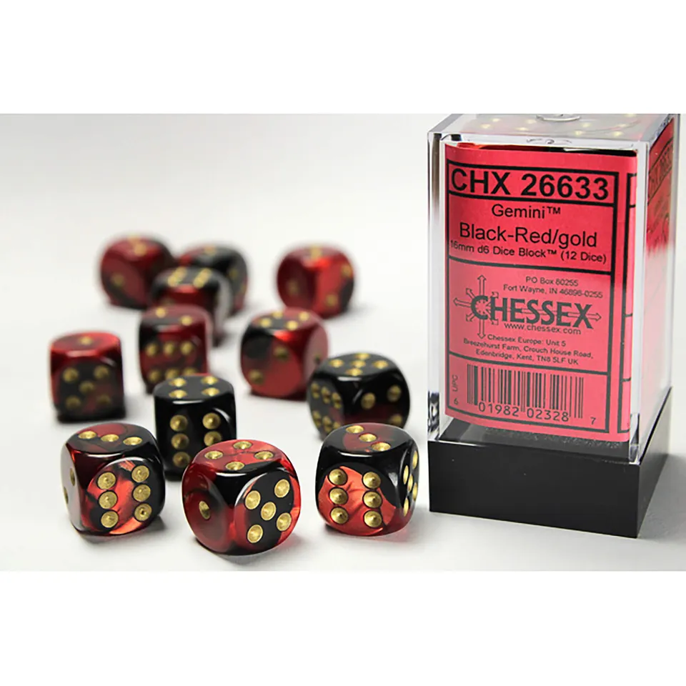 Chessex Gemini D6 16mm sada kostek Black-Red Gold