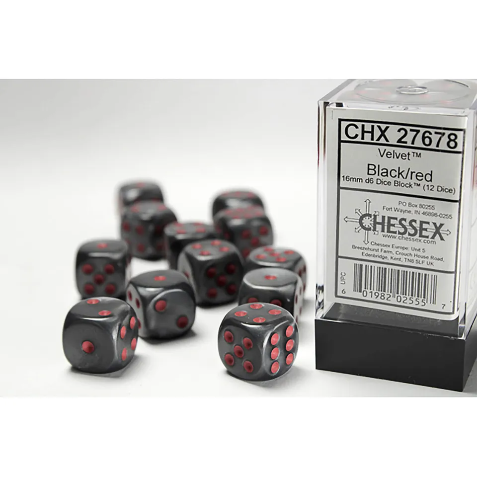 Chessex Velvet D6 sada kostek 12 ks 16 mm black red