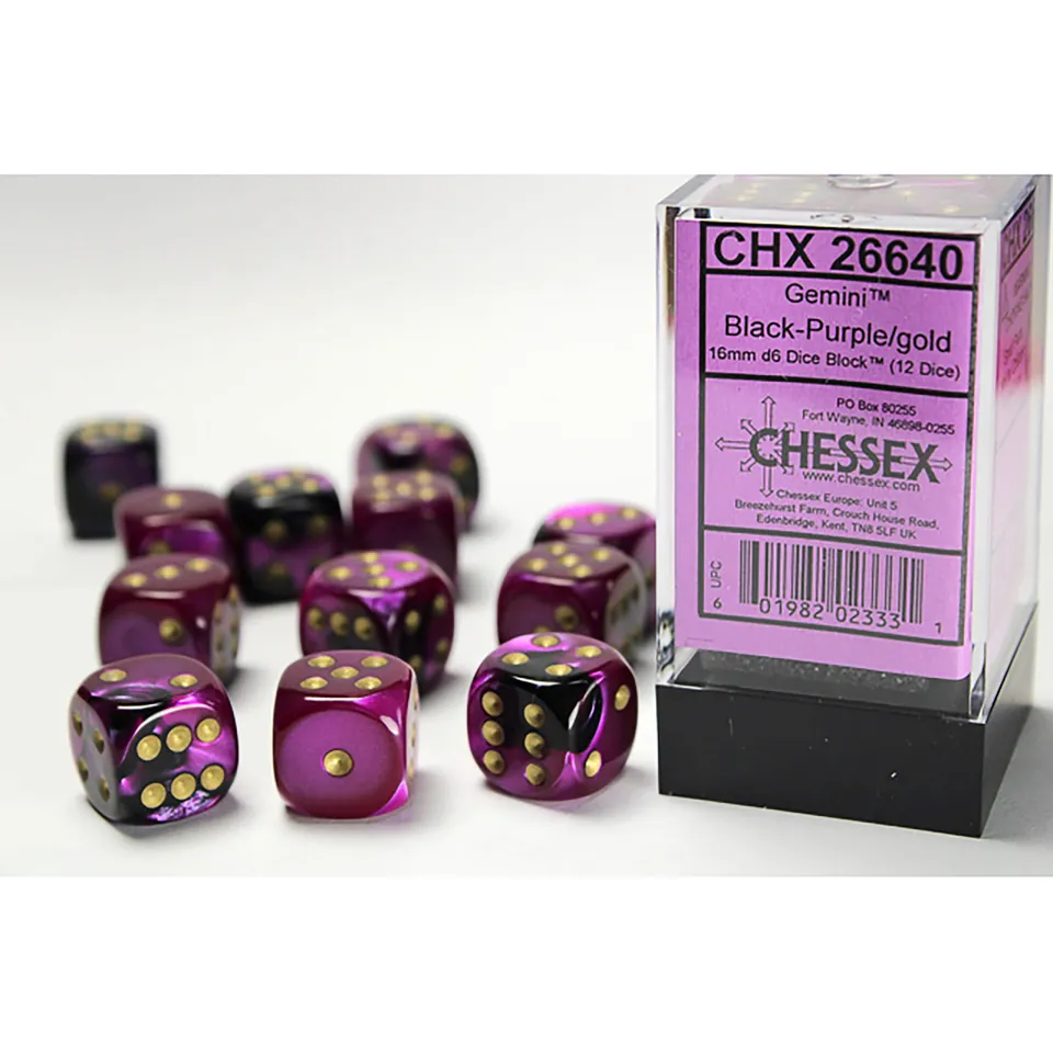 Chessex Gemini D6 sada kostek 16mm černo-fialová 12 ks