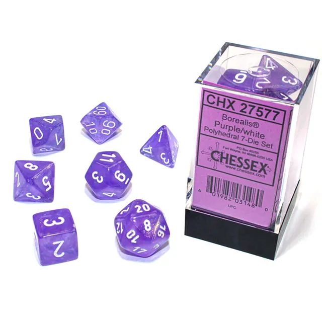 Chessex Borealis Purple White sada kostek 7ks svítící