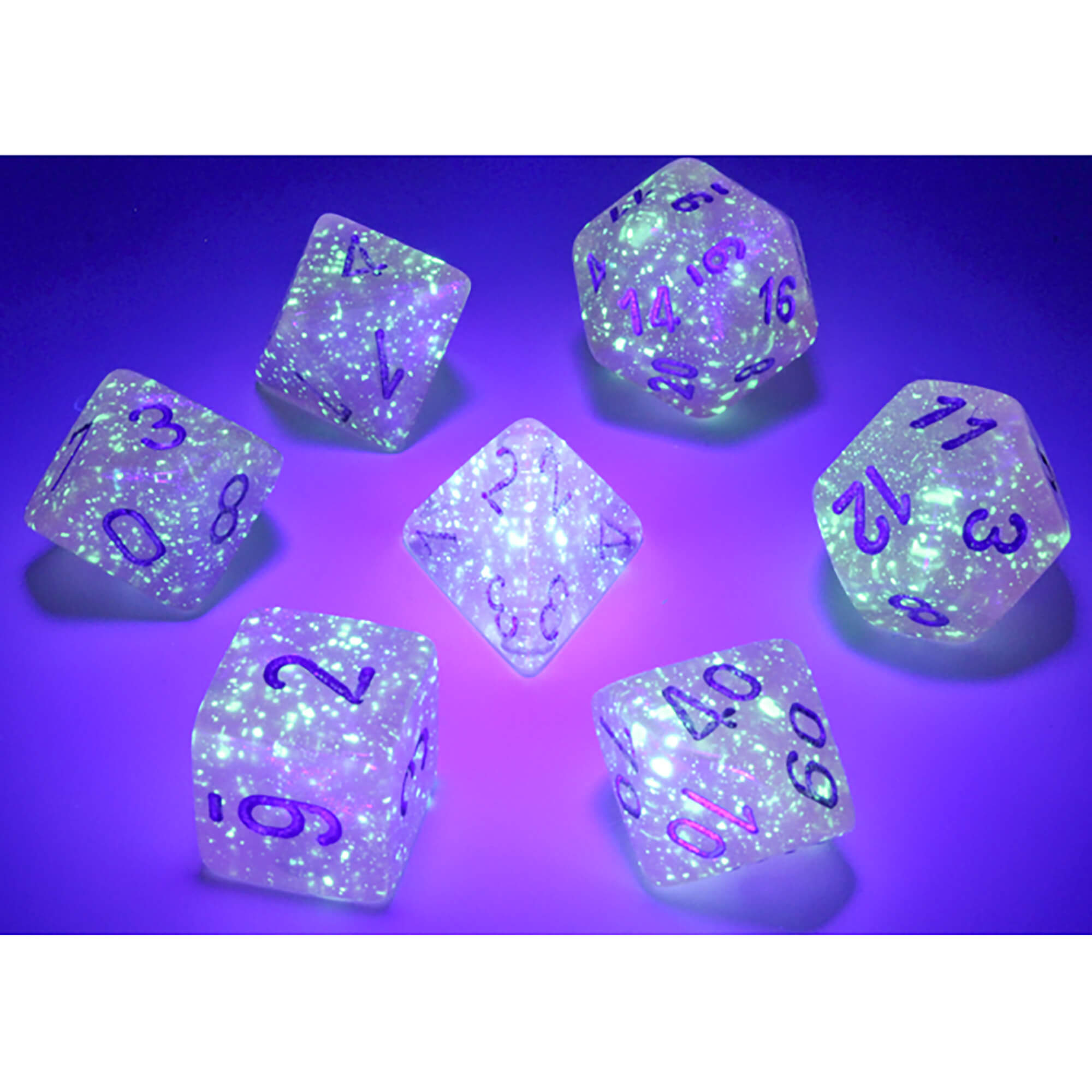 Chessex Borealis Pink Silver sada kostek 7ks svítící