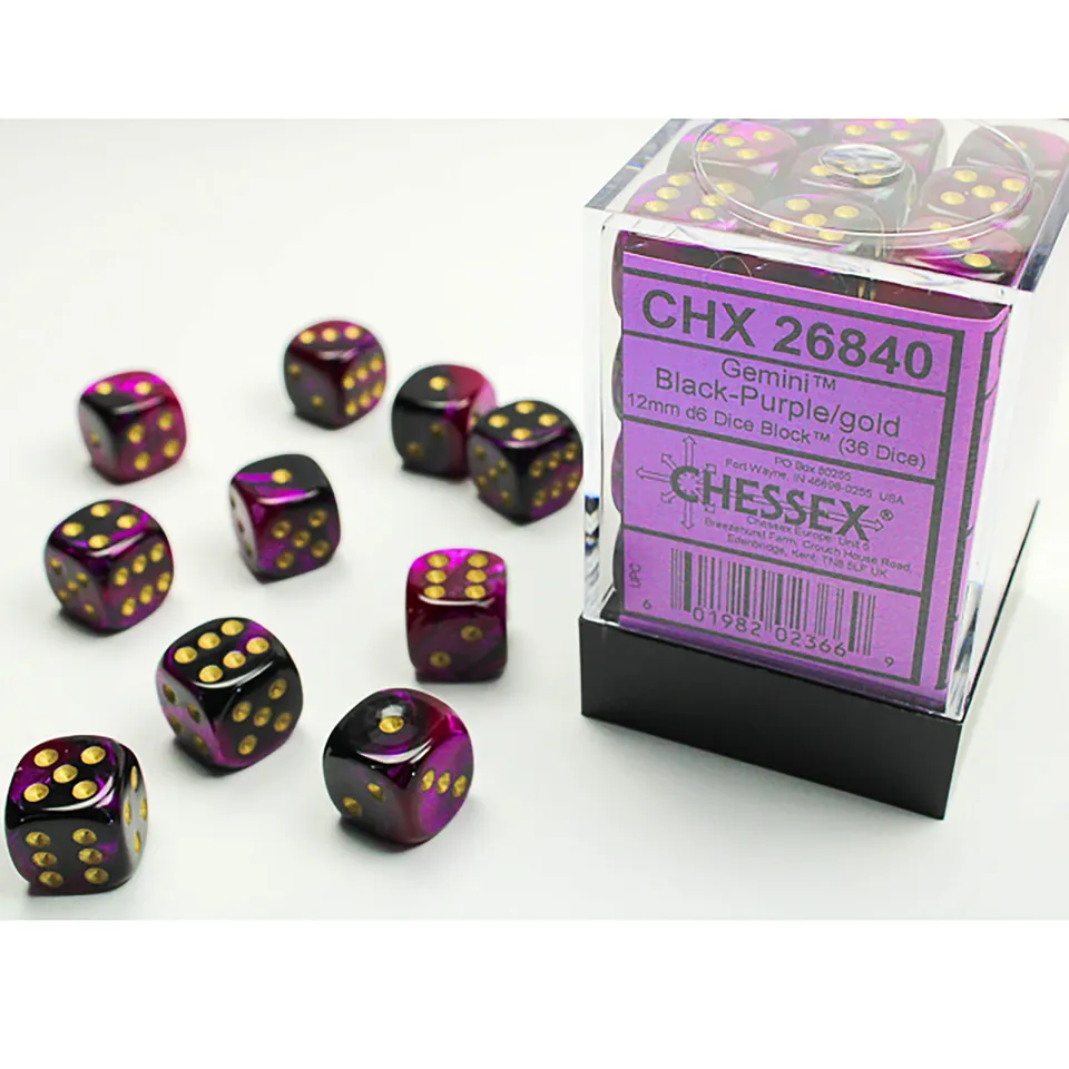 Chessex Gemini Black-Purple Gold D6 sada kostek 36 ks