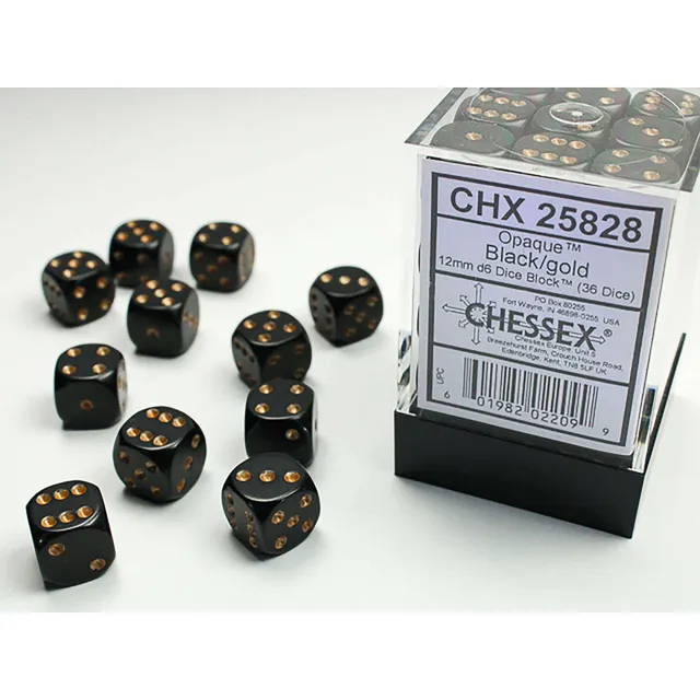 Chessex Opaque CHX25828 sada kostek D6 černá zlatá 36 ks