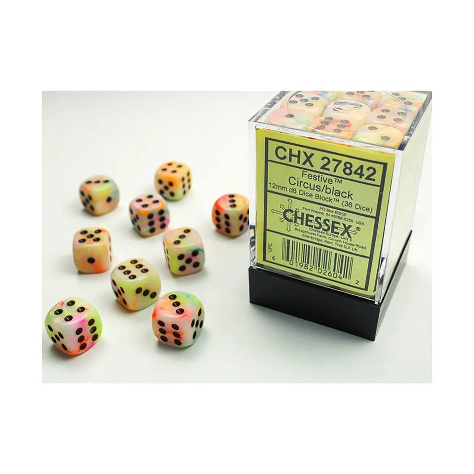 Chessex Festive Circus-black D6 12mm sada kostek 36 ks